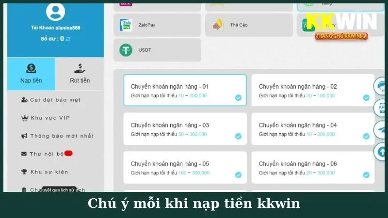 Chú ý mỗi khi nạp tiền kkwin